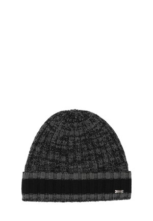 Dark gray and black knitted ribbed beanie hat with folded brim and small metal brand tag on the side.