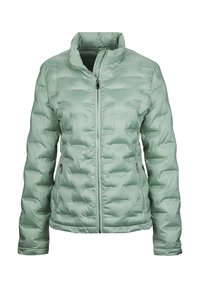 Helle grüne Daunenjacke mit hohem Kragen, Frontreißverschluss und zwei seitlichen Taschen. Verfügt über eine gesteppten Textur und glattes, glänzendes Material.