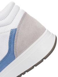 Close-up of a sneaker heel showing white textured leather, blue and light gray suede panels, and a white rubber sole with a dark tread edge.