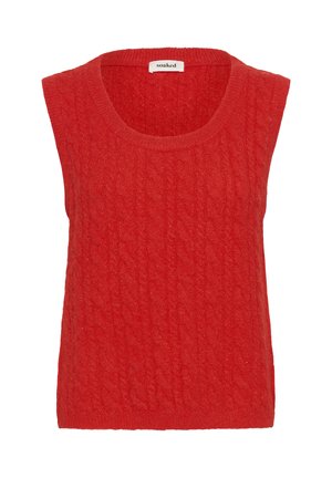 Rød strikket ærmeløs sweatervest med kabelmønster og rund halsudskæring, mærket "soaked" indeni kraven.