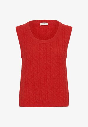 Rød strikket ærmeløs sweatervest med kabelmønster og rund halsudskæring, mærket "soaked" indeni kraven.