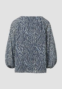 Marineblaue und hellblaue Bluse mit Puffärmeln, die ein durchgängiges Blattmuster und eine lockere Passform aufweist.