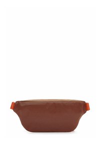 Bruine tas met een textuur en een gladde afwerking, voorzien van een oranje accentband en een ritssluiting. Rechthoekige vorm met afgeronde hoeken.