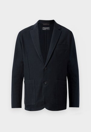 Men’s black blazer with notch lapels, two buttons, two front patch pockets, and a chest welt pocket, displayed on a white background.