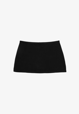 Gonna corta nera in cotone con un cinturino aderente. Texture liscia, design semplice e orlo dritto. Nessun motivo aggiuntivo o hardware visibile.