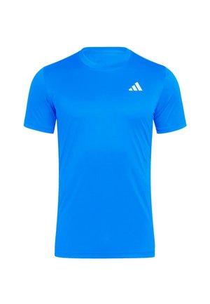 Blaues Sport-T-Shirt mit kurzen Ärmeln, Rundhalsausschnitt und kleinem weißen Adidas-Logo auf der oberen linken Brustseite.