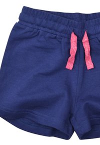 Shorts in cotone blu navy con vita elasticizzata e cordino rosa. Presentano una texture liscia e orli cuciti con cura.