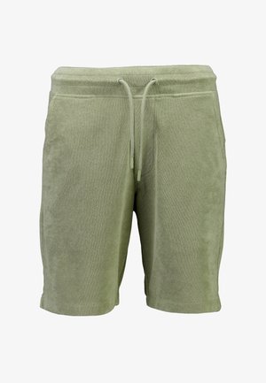 Groene, zachte terryshorts met een elastische tailleband, aantrekkoord aan de voorkant en zijzakken. Halflang, tot halverwege de dij.