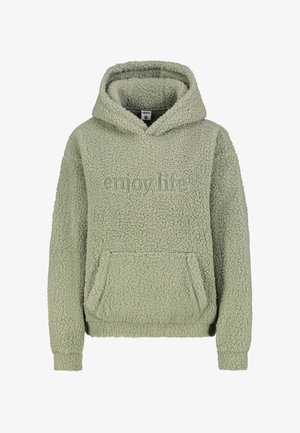 Fuzzy groene hoodie met een voorzak. Heeft "geniet van het leven" geborduurd in bijpassende kleur, zachte textuur en ribgebreide manchetten.