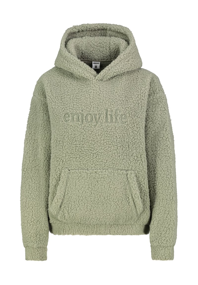 Flauschiger grüner Kapuzenpullover mit Fronttasche. Mit dem Aufdruck "enjoy life" in passender Farbe, weichem Material und gerippten Bündchen.