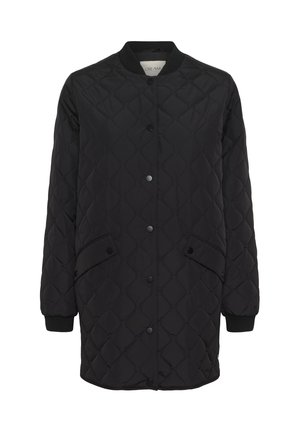 Black quilted long jacket with snap button closure, two front flap pockets, ribbed cuffs, and a round collar.