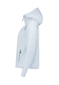 Vaaleansininen vedenpitävä takki hupulla, jossa on vetoketjullinen etutasku ja joustavat hihansuut. Sujuva pinta, istuva malli.