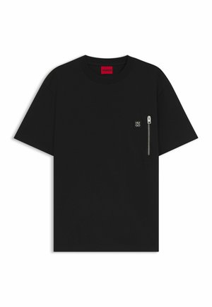 Black T-shirt made of cotton, featuring a round neck, short sleeves, and a chest pocket with a silver zipper detail. Small logo on pocket.