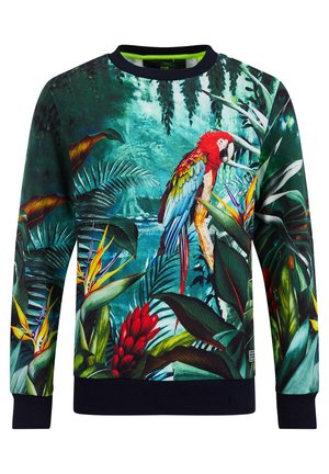 Farverig sweatshirt med et papegøje-design omgivet af tropiske blade. Fremstillet af blødt stof med ribbet marineblå krave og manchetter.