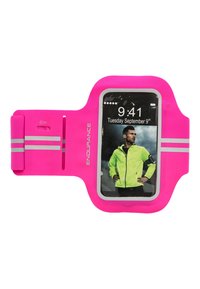 Pink silicone smartphone armband with reflective silver stripes, featuring a cutout for the screen and displaying a phone interface.