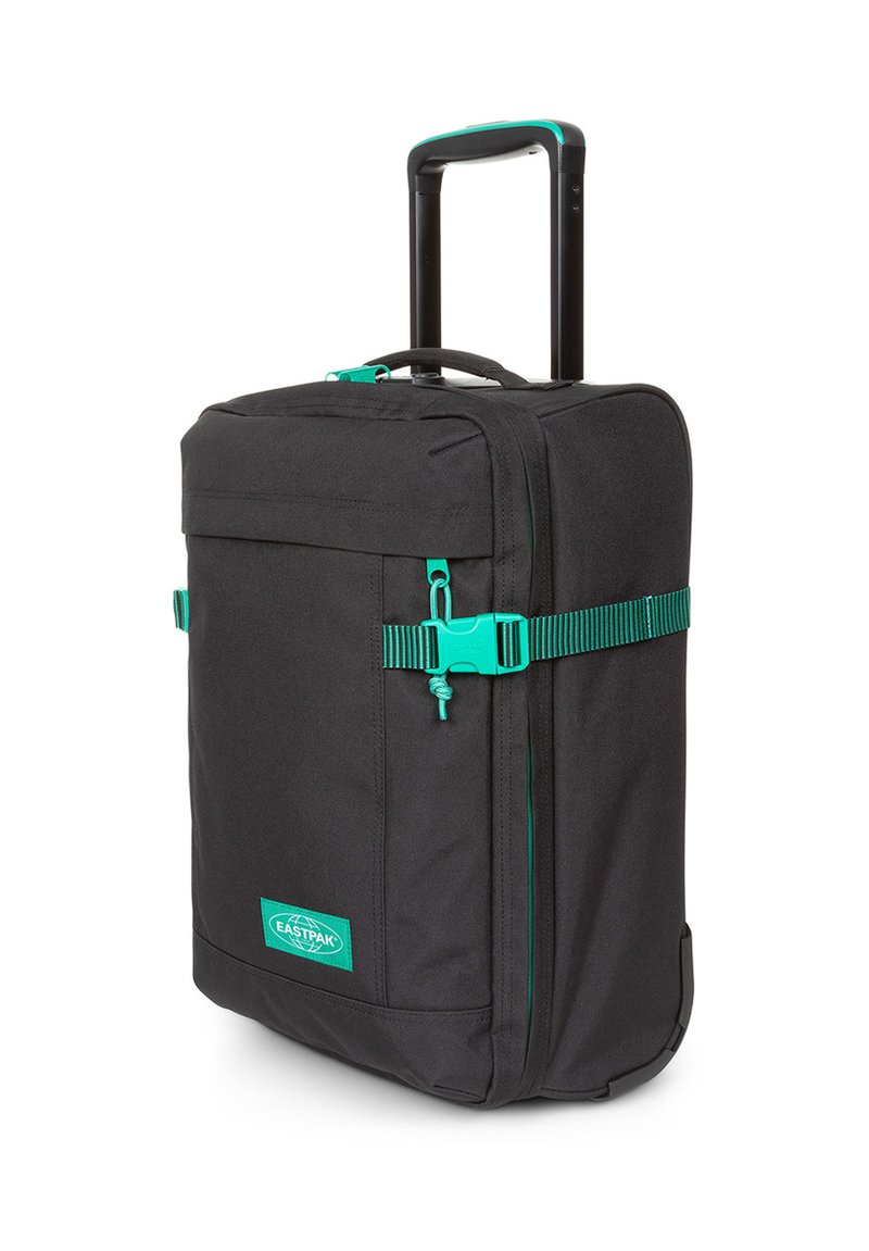 Valise noire à roues avec des accents turquoise, une poignée rétractable, des sangles de compression sur les côtés, et le logo Eastpak à l'avant.