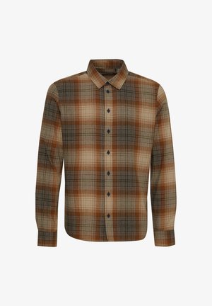 Kostkovaná košeľa v hnedých, béžových a šedých odtieňoch. Má golier na gombíky, dlhé rukávy a tmavé gombíky s celoplošným kockovaným vzorom.
