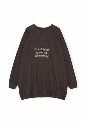 Felpa marrone scuro con maniche raglan, colletto a costine e orlo arricciato. Presenta il testo bianco: "l'amore è il ponte tra te e tutto."