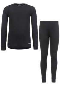 Svart termounderklädset som inkluderar en långärmad topp med ribbad textur och leggings, båda med en figurnära design och elastiska manschetter.
