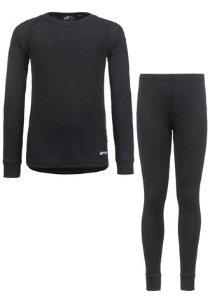 Schwarzes Thermounterwäsche-Set umfasst ein langärmliges Oberteil mit geripptem Design und Leggings, beide mit einer engeren Passform und elastischen Bündchen.
