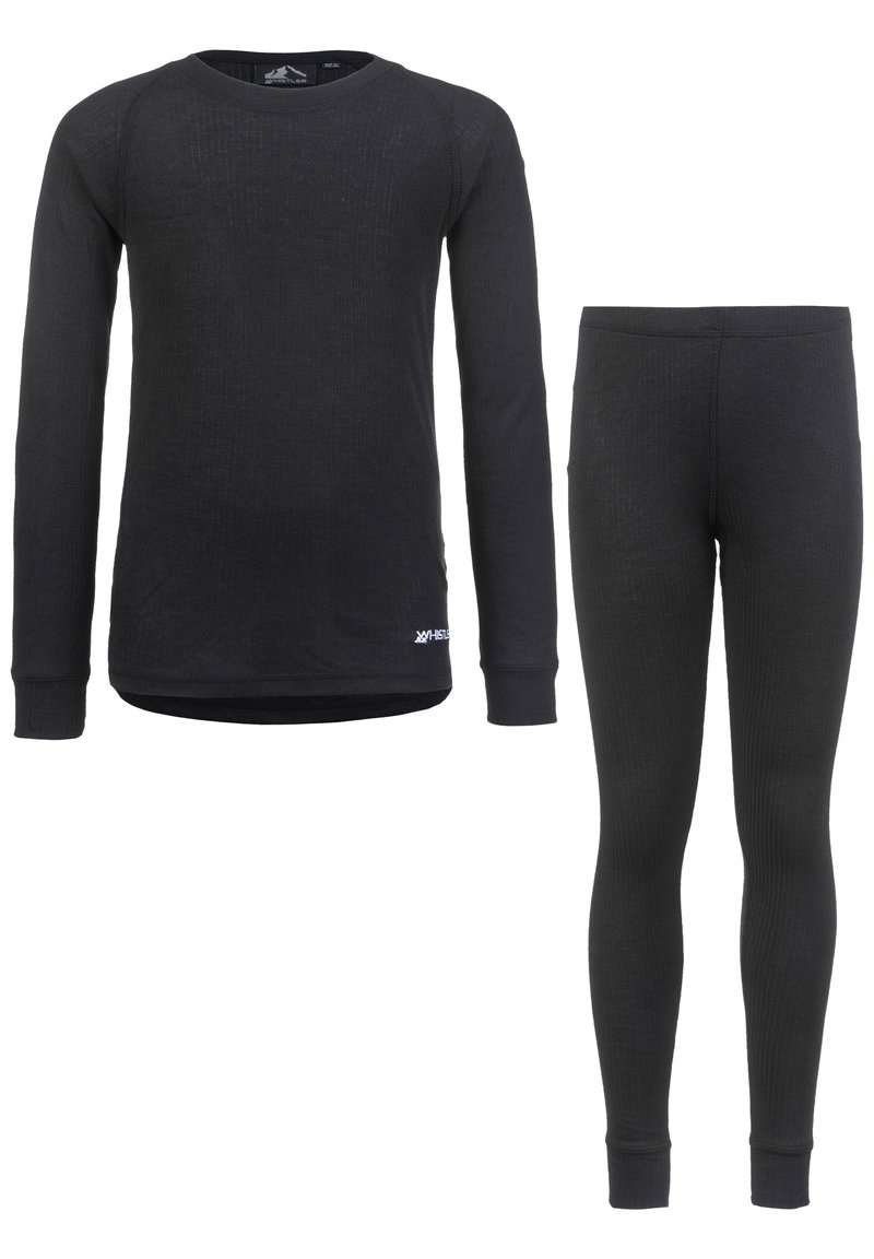 Svart termounderklädset som inkluderar en långärmad topp med ribbad textur och leggings, båda med en figurnära design och elastiska manschetter.