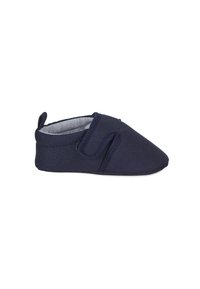 Chaussure bébé bleu foncé avec bride latérale en scratch et doublure intérieure douce, conçue pour un enfilage facile et un confort optimal.