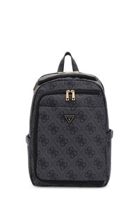 Zaino nero a motivo realizzato in tessuto texturizzato con accessori in metallo dorato. Presenta due scomparti con zip e una maniglia superiore per il trasporto.
