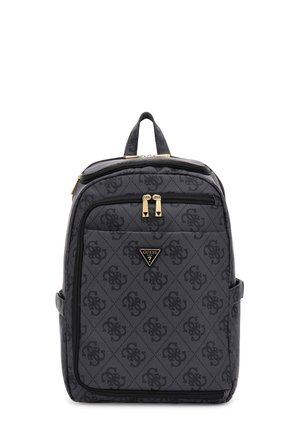 Schwarzer Rucksack mit Muster, aus strukturiertem Stoff mit goldfarbigem Reißverschluss. Verfügt über zwei Reißverschlussfächer und einen oberen Tragegriff.