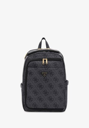 Sac à dos noir à motif en tissu texturé avec des fermetures éclair en métal doré. Il dispose de deux compartiments zippés et d'une poignée de transport supérieure.