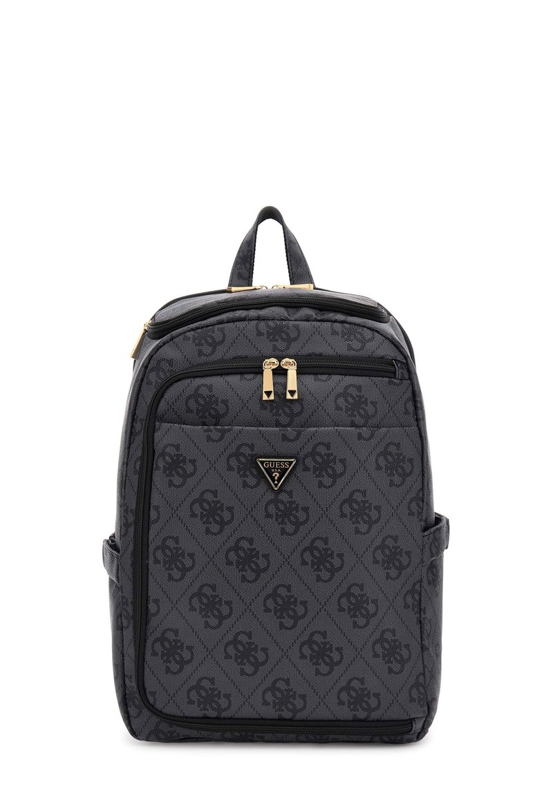 Zaino nero a motivo realizzato in tessuto texturizzato con accessori in metallo dorato. Presenta due scomparti con zip e una maniglia superiore per il trasporto.