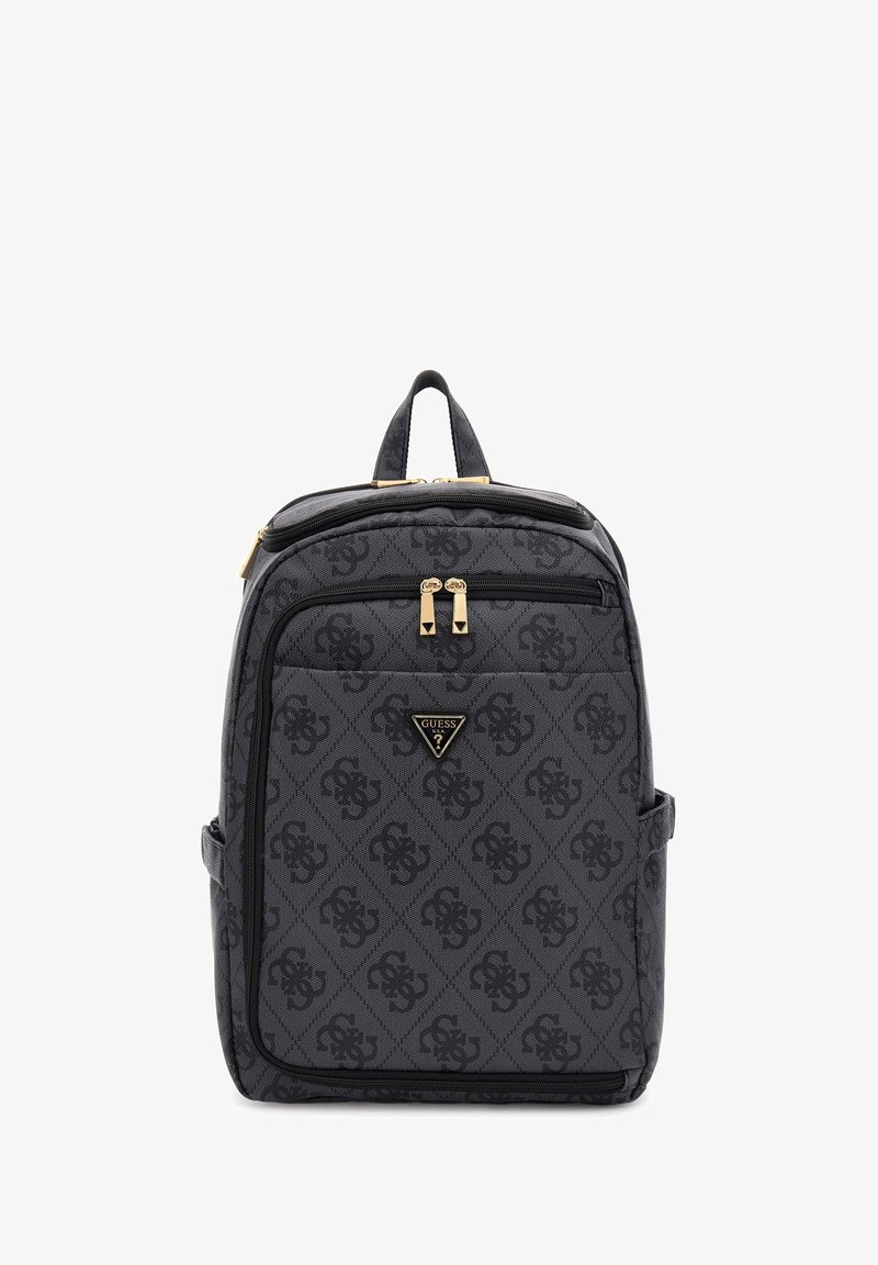 Fekete mintás hátizsák texturált anyagból, arany tónusú cipzár hardverrel. Két cipzáras rekesszel és egy felső fogantyúval rendelkezik.