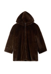Giacca con cappuccio in pelliccia sintetica marrone, con zip, caratterizzata da una morbida texture e da un design over size, adatta per un abbigliamento casual.