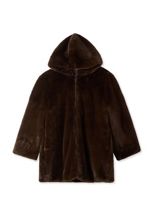Giacca con cappuccio in pelliccia sintetica marrone, con zip, caratterizzata da una morbida texture e da un design over size, adatta per un abbigliamento casual.