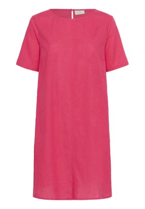 Élénk rózsaszín, rövid ujjú A-vonalú ruha kerek nyakkivágással és hátul gombos záródással, könnyű anyagból készült.