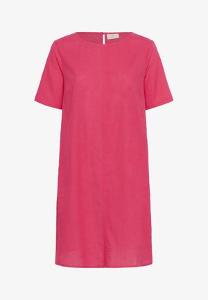 Élénk rózsaszín, rövid ujjú A-vonalú ruha kerek nyakkivágással és hátul gombos záródással, könnyű anyagból készült.