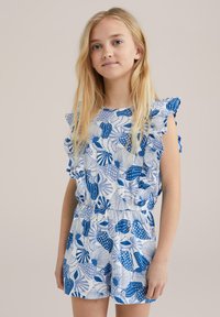 Mėlynos ir baltos spalvų raštinė romper su raukšlėtomis rankovėmis, kurioje yra įvairių lapų ir taškelių dizainų, elastinga juosmens linija patogumui.