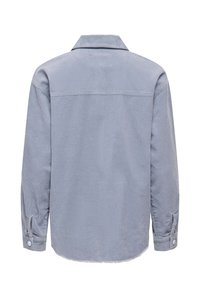 helehall sinise rihvelkangast pikkade varrukatega särk, millel on krae, nööbitavad mansetid ja sirge äärejoon, nähtav tagantpoolt.