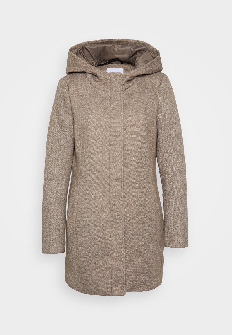 Light brown wool blend coat with a textured surface, hood, and a straight cut. Features a minimalistic design with a single-front closure.