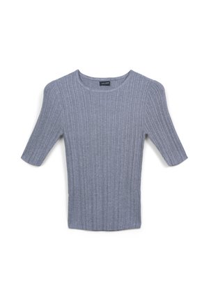 Top corto a maniche corte in maglia a costine grigio chiaro, con scollo rotondo e silhouette aderente, posato su uno sfondo bianco.