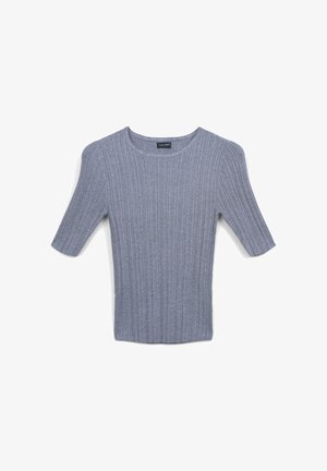 Top corto a maniche corte in maglia a costine grigio chiaro, con scollo rotondo e silhouette aderente, posato su uno sfondo bianco.