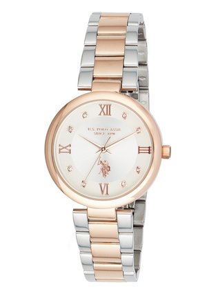 Orologio da polso rotondo con ghiera in oro rosa, cinturino metallico bicolore argento e oro rosa, quadrante bianco, numeri romani, cristalli e logo U.S. Polo Assn.