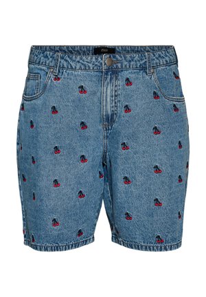 Sinised teksapüksid tikitud punaste kirsimustritega, ees nupuga, vööaasade ja küljetaskutega.