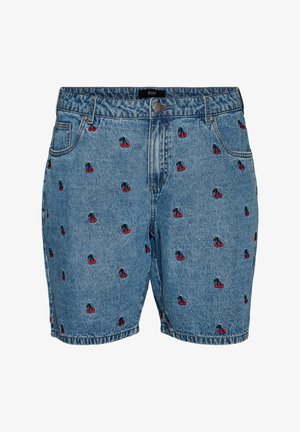 Blauwe denim shorts met geborduurde rode kersenpatronen, knopen aan de voorkant, riemlussen en zijzakken.