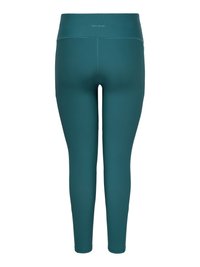 Leggings de sport taille haute couleur sarcelle avec coutures plates et petit logo "Only Play" centré sous la ceinture au dos.