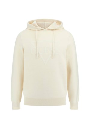 Kremni kapuzeno pulover iz mehkega blaga, ki ima vtisnjen bel logotip "GUESS" ter rebraste manšete in rob.
