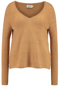 Pull-over en V de couleur marron doré chaleureux, avec des manches longues et une coupe décontractée. Fabriqué en tissu en maille texturée. Etiquette visible à l'intérieur.