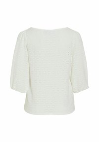 Blouse blanche à manches trois-quarts bouffantes avec un motif en broderie anglaise, vue de dos.