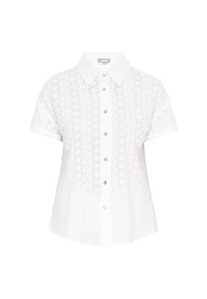 White short-sleeve shirt with a collar, featuring embroidered floral patterns and eyelet details, button closure, and a relaxed fit.