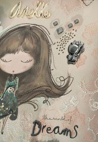 Surface en cuir mettant en avant une illustration fantaisiste d'une fille aux longs cheveux bruns, rehaussée par de la broderie, des clous métalliques et des éléments de texte.