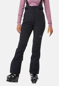 Zwarte skibroek met verstelbare banden, ritszakken, een gladde textuur en subtiele branding op het onderbeen.